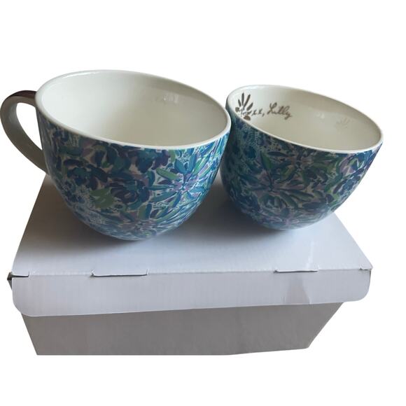 Lily Pulitzer Blue Ceramic Coffe or Tea Mug/Cups NIB Set of 2 Floral Blue/green - Picture 1 of 8